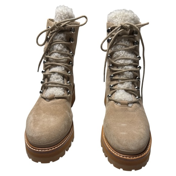 Marc Fisher Izzie Suede Lace-Up Lugsole Shearling Ankle Boots Size 10 Oasis Tan - Picture 2 of 10